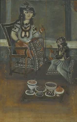 Female Attendant Offering a Waterpipe to a Princess Seated on a Throne